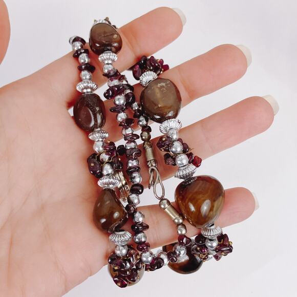 Vintage Brown Gemstone Agate Garnet Silver Tone Beaded Necklace 22" Boho Jewelry - Picture 4 of 16